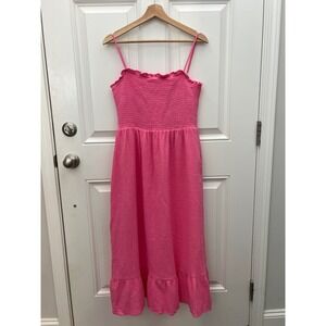 Davi & Dani Pink Smocked Midi Dress Large DD20545A Gauze Tiered Ruffle Pockets